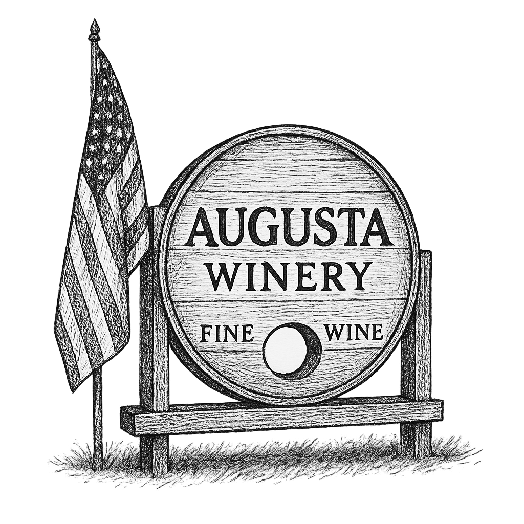 sketch of Augusta Winery Fine Wine barrel and American flag