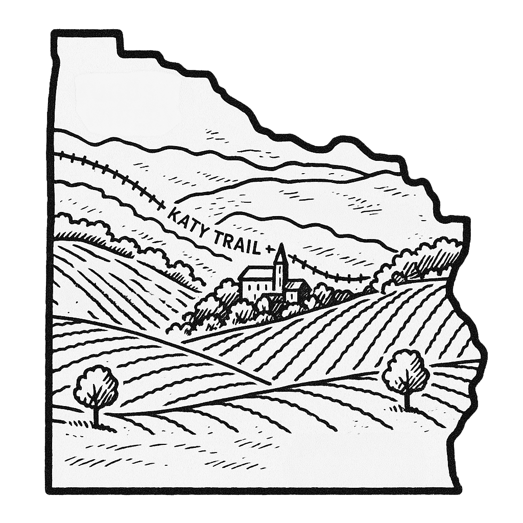 sketch of missouri with the Katy Trail and vineyard hills